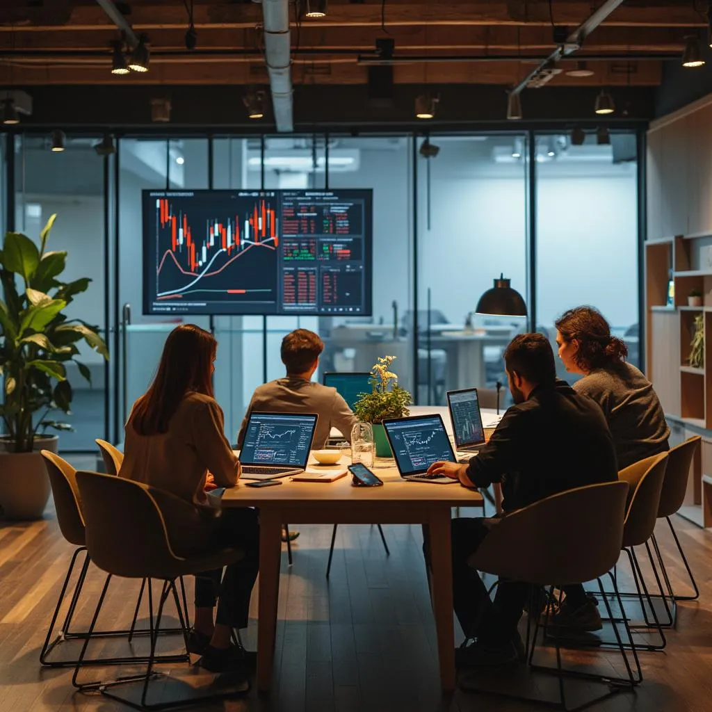 Equipo fundador revisando gráficos de mercado